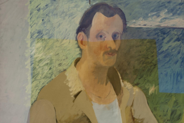 A painted portrait of a dark-haired man with a small mustache, wearing a tan jacket over a white shirt. He faces the viewer against a textured blue-green background. A translucent rectangular overlay crosses the center of the image.
