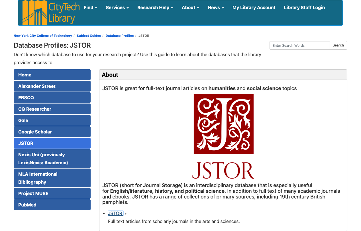 Screenshot of the City Tech Library’s “Database Profiles: JSTOR” page. The page describes JSTOR as an interdisciplinary database with full-text scholarly articles, ebooks, and primary sources.