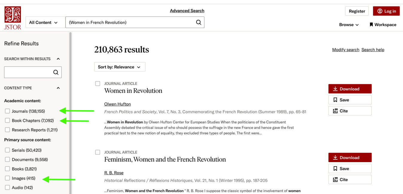 JSTOR search results for “(Women in French Revolution),” showing 210,863 results and filters for content types. Green arrows point to the Journals, Book Chapters, and Images filters.