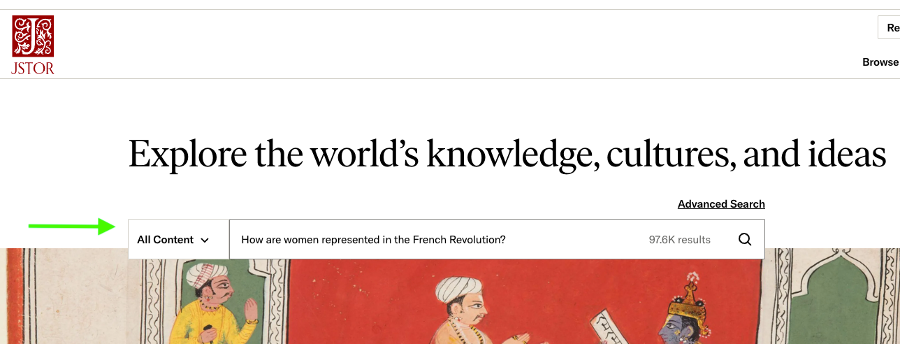 JSTOR homepage with the search query “How are women represented in the French Revolution?” entered in the search bar. A green arrow points toward the search field.
