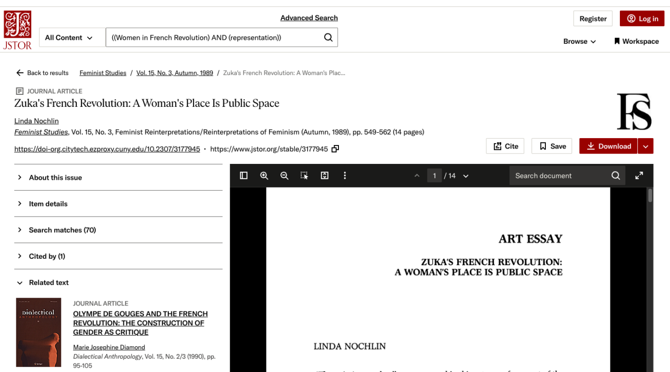 JSTOR article page for Linda Nochlin’s “Zuka’s French Revolution: A Woman’s Place Is Public Space,” with the article’s first page visible in the document viewer.