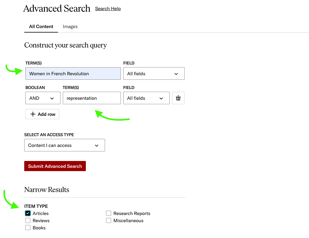 JSTOR Advanced Search form with “Women in French Revolution” AND “representation” entered, and Articles selected under Item Type. Green arrows point to the search terms and item type filter.