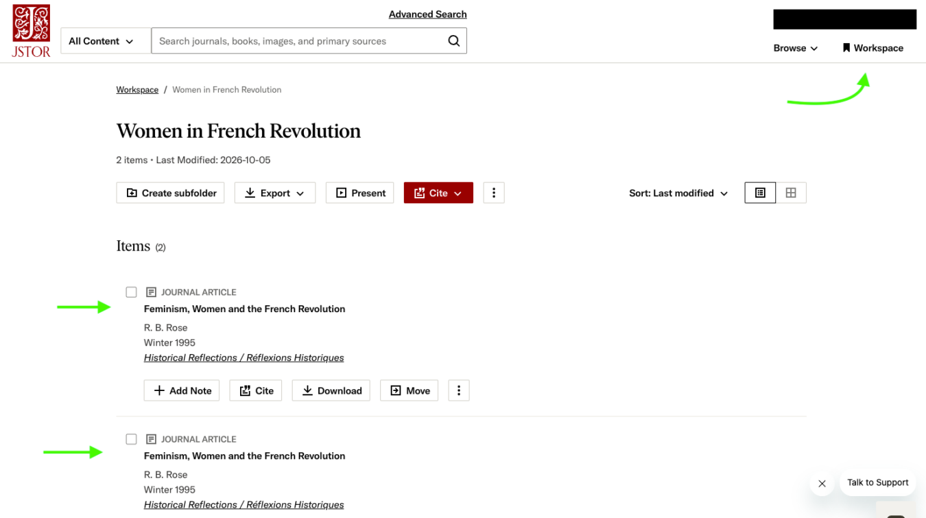 JSTOR Workspace folder titled “Women in French Revolution,” containing two saved copies of “Feminism, Women and the French Revolution.” Green arrows point to each saved item.