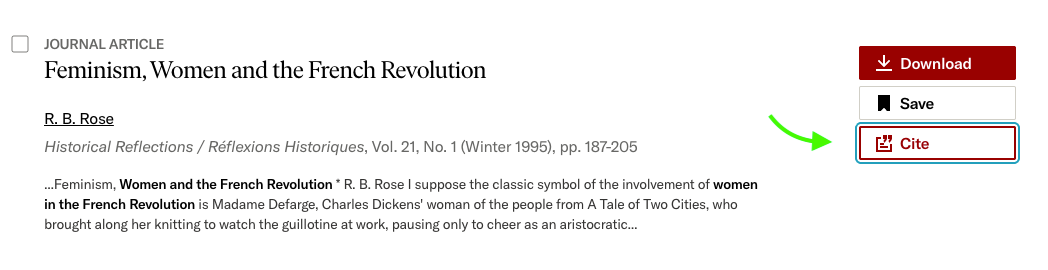 JSTOR search result for “Feminism, Women and the French Revolution.” A green arrow points to the Cite button.