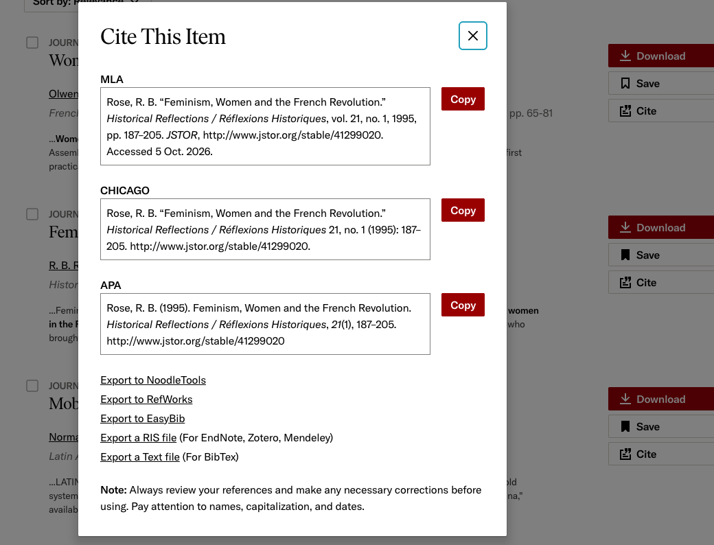 1. JSTOR “Cite This Item” dialog displaying MLA, Chicago, and APA citations for “Feminism, Women and the French Revolution,” with Copy buttons and export options.