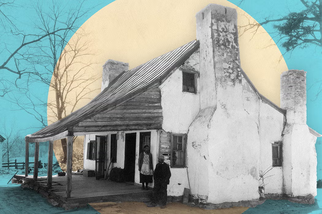 Digitally colorized collage featuring a black-and-white photograph of a historic wooden house with whitewashed walls, a steep roof, two chimneys, and a covered porch. Two people stand near the entrance. A pale yellow circle frames the house against a turquoise background with silhouettes of bare trees.